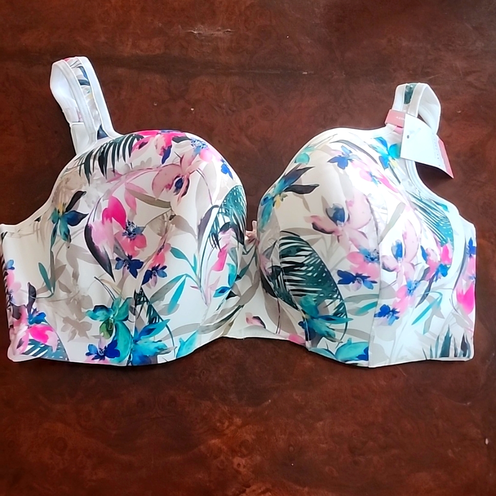 Cacique Floral Bra In White, Pink & Green - 42ddd